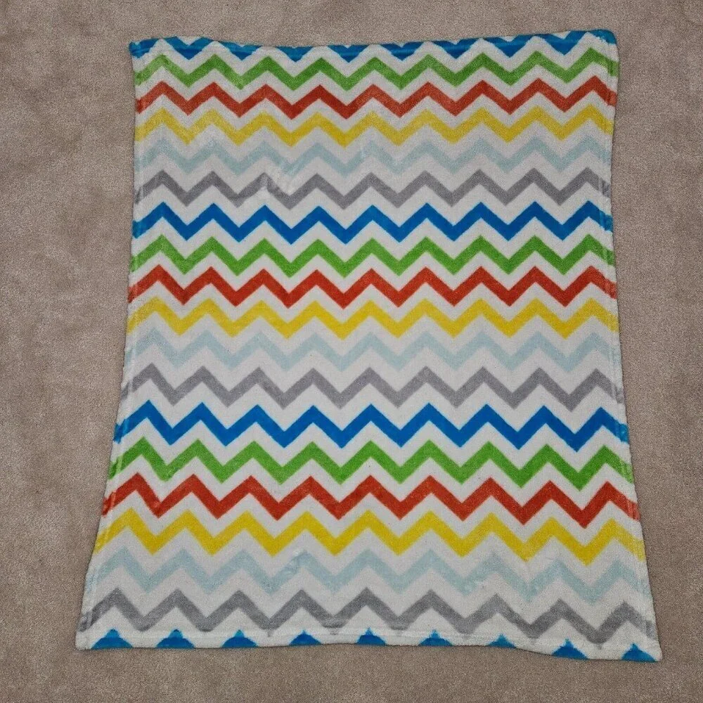 Baby Kiss Chevron Fleece Baby Blanket Orange Yellow Green Blue Gray White 27x34